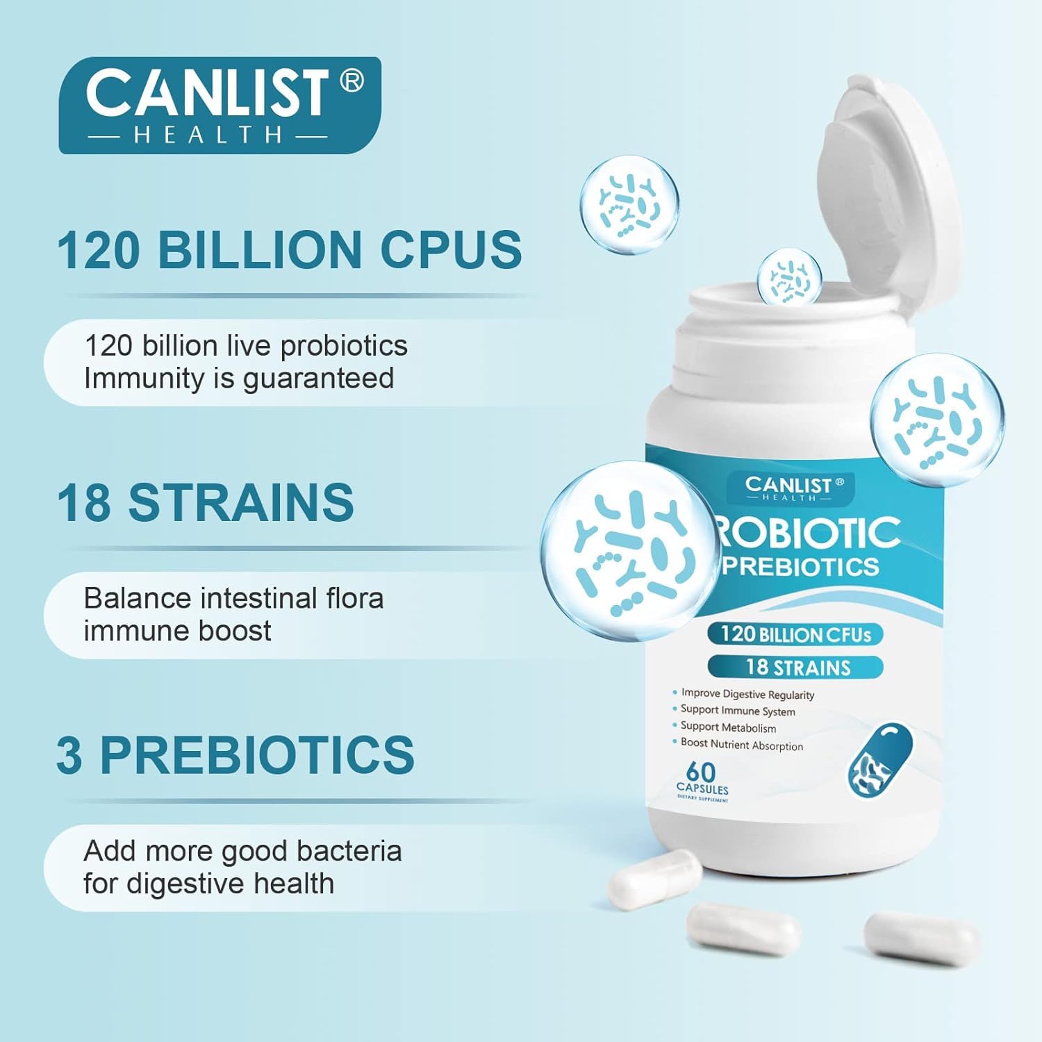 Graphic illustrating 3 prebiotics and digestive enzymes included with probiotics