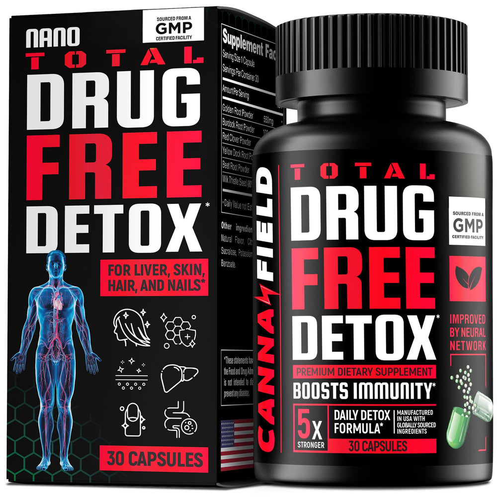 CANNA FIELD Total Detox bottle label emphasizes USA-made quality and toxin support.