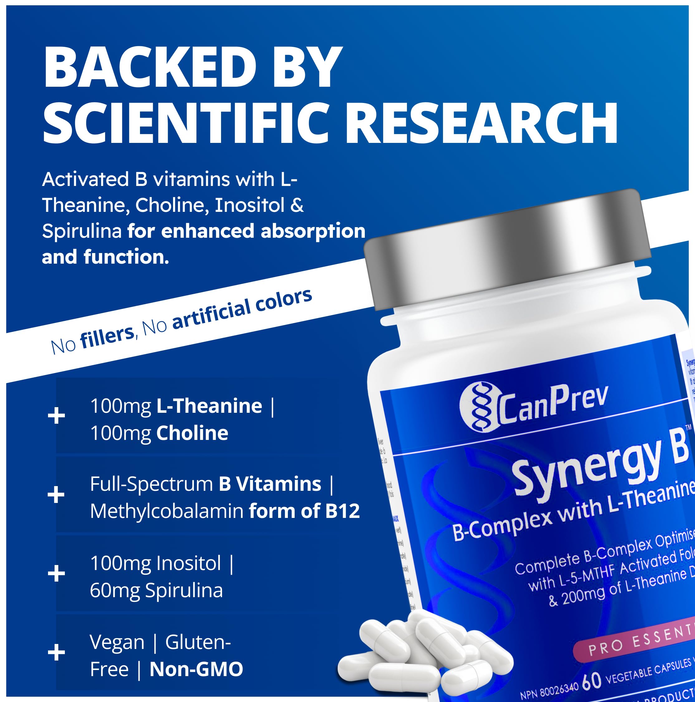 60 capsules of CanPrev Synergy B Complex arranged on white background