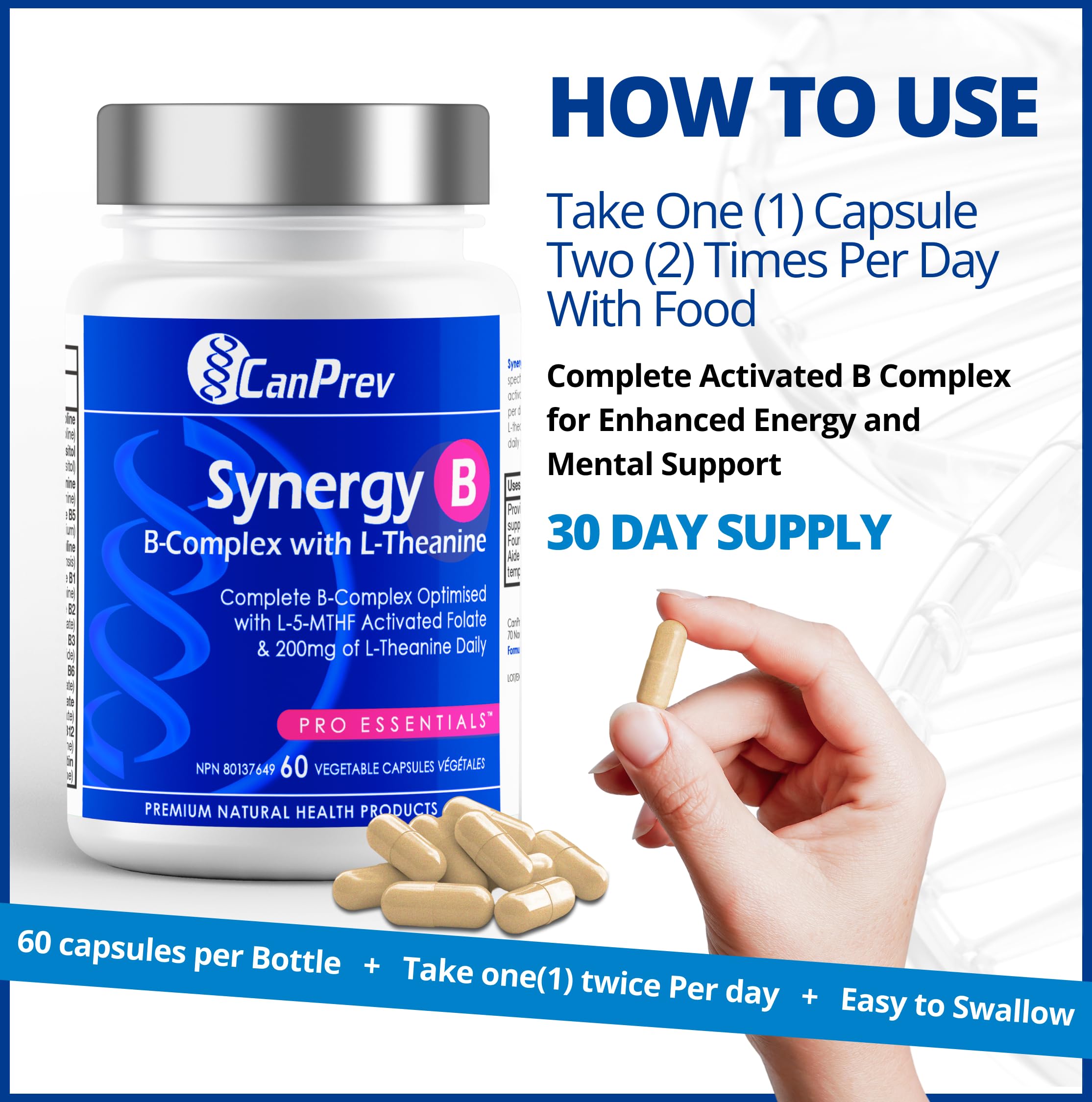 Spirulina powder beside CanPrev Synergy B Complex bottle