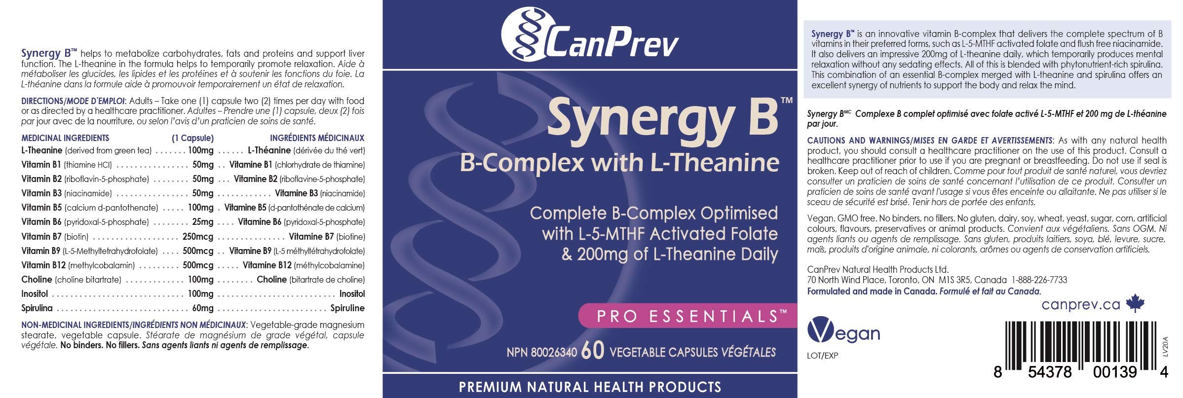 CanPrev Synergy B Complex bottle with vegan certification icons