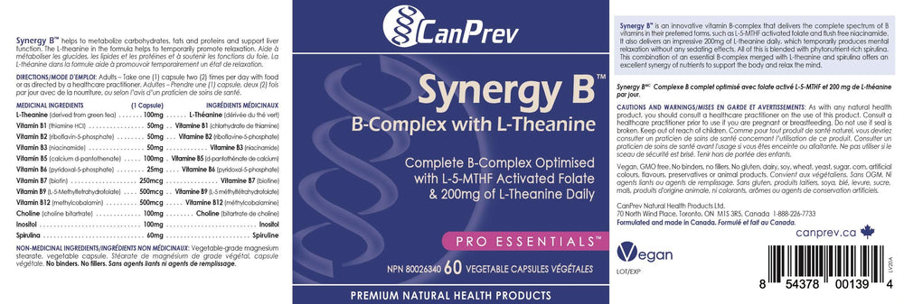 CanPrev Synergy B Complex bottle with vegan certification icons