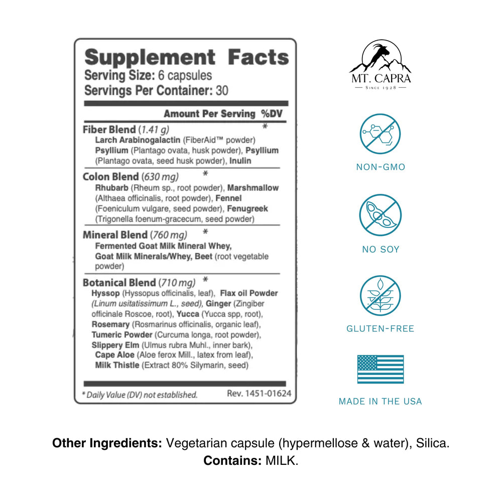 Close-up of CapraCleanse fiber blend ingredients (psyllium husk, flax)