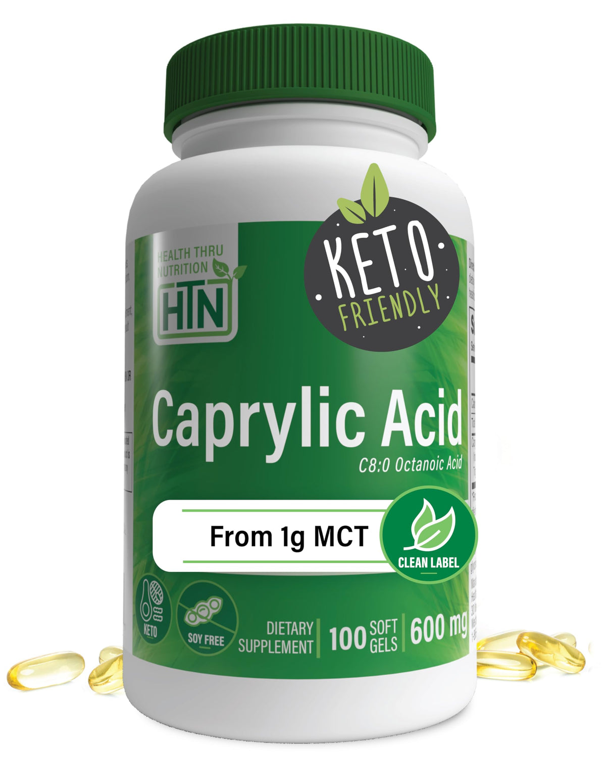 Health Thru Nutrition Caprylic Acid 600mg softgels bottle label close-up