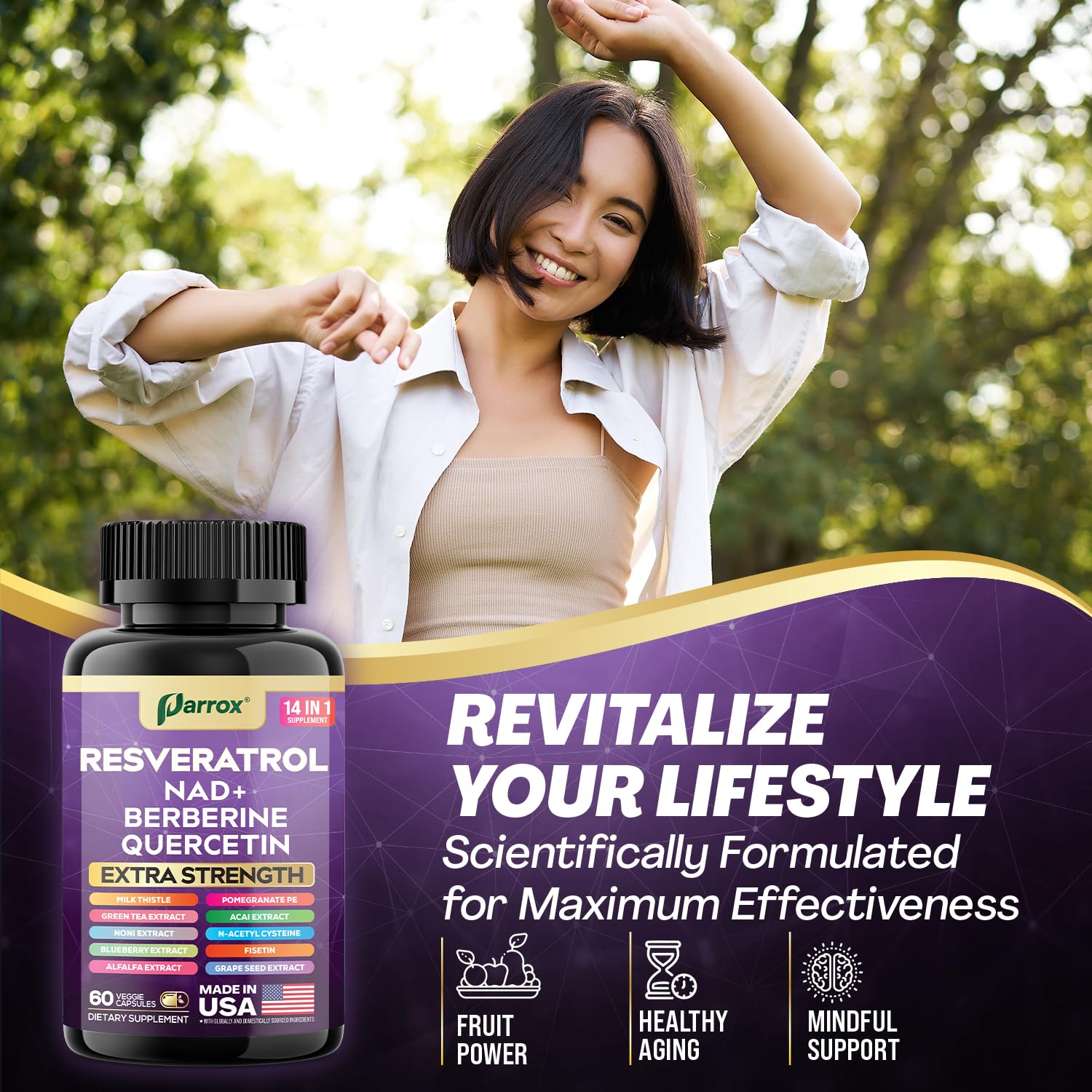 180-capsule bottle of Parrox Resveratrol supplement