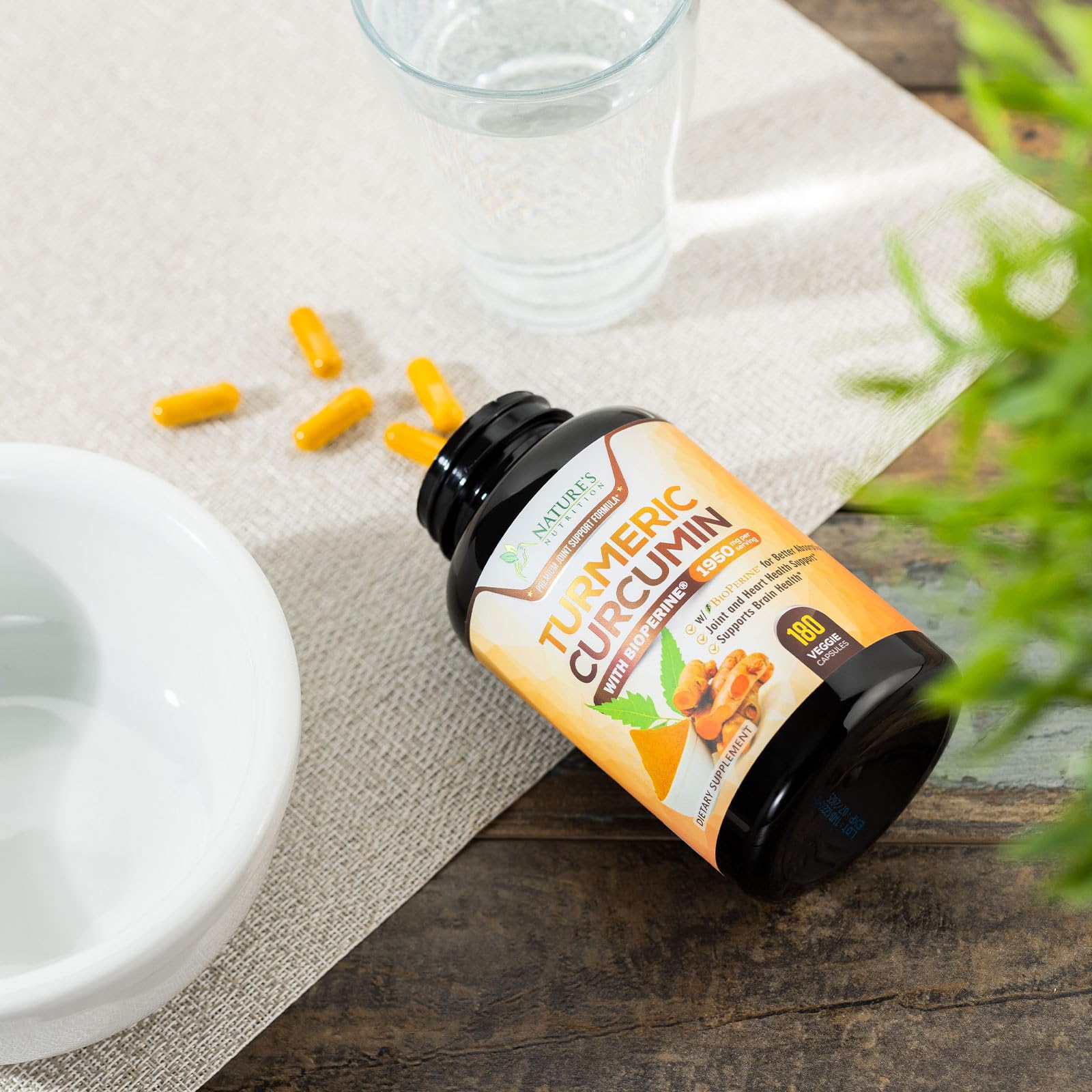 Close-up of turmeric-curcumin capsules