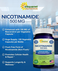 Close-up of capsules showing Nicotinamide and Resveratrol