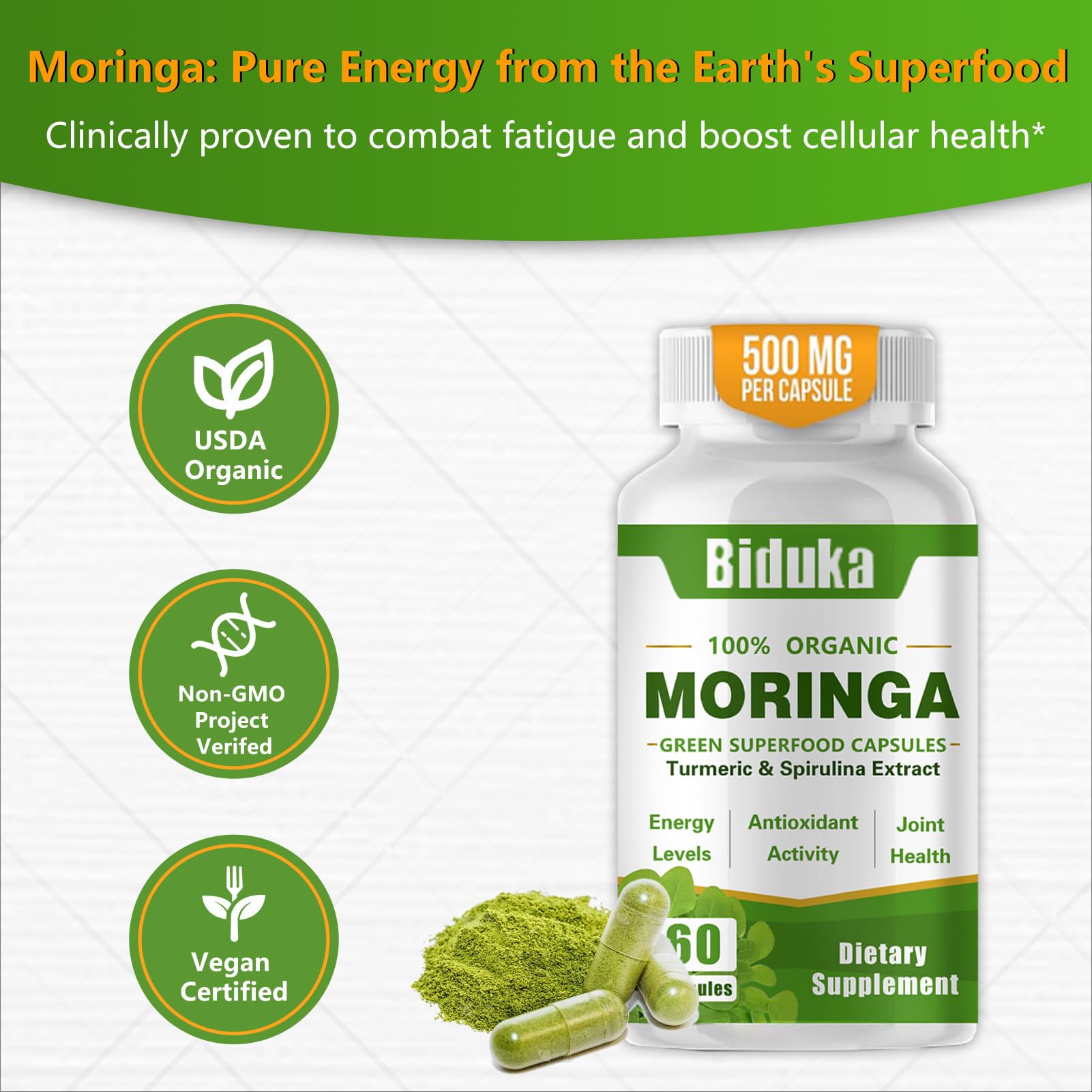 Hands holding moringa capsules