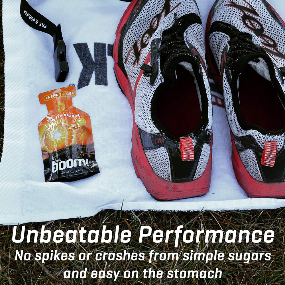 Carb Boom energy gel athlete use close-up during run or ride