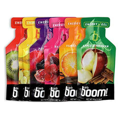 Carb Boom energy gel variety pack shows colorful tubes for cycling endurance fueling
