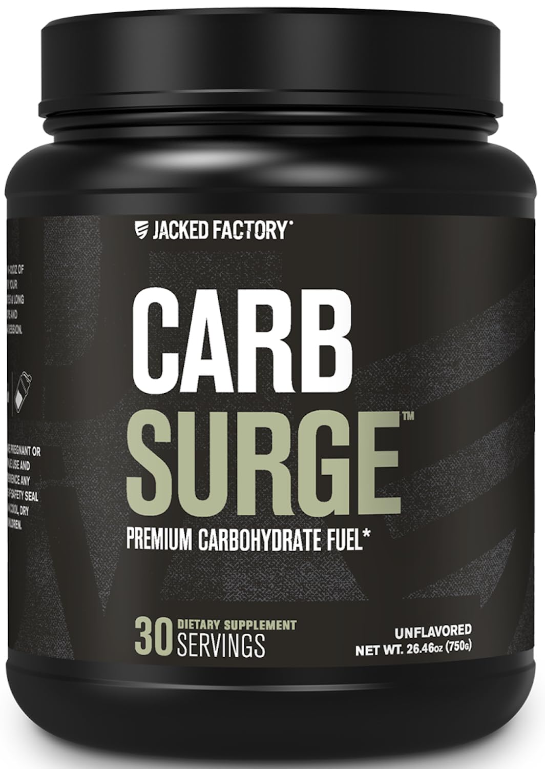 Jacked Factory Carb Surge powder in unflavored flavor label