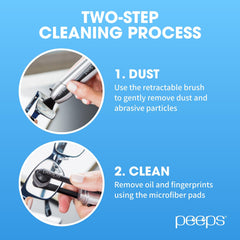 Eyeglasses being cleaned with Peeps cleaner on lens surface