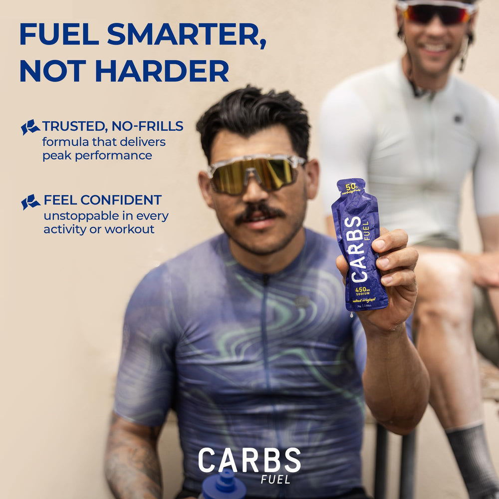 Carbs Fuel Salted Original athlete using gel during run for energy.