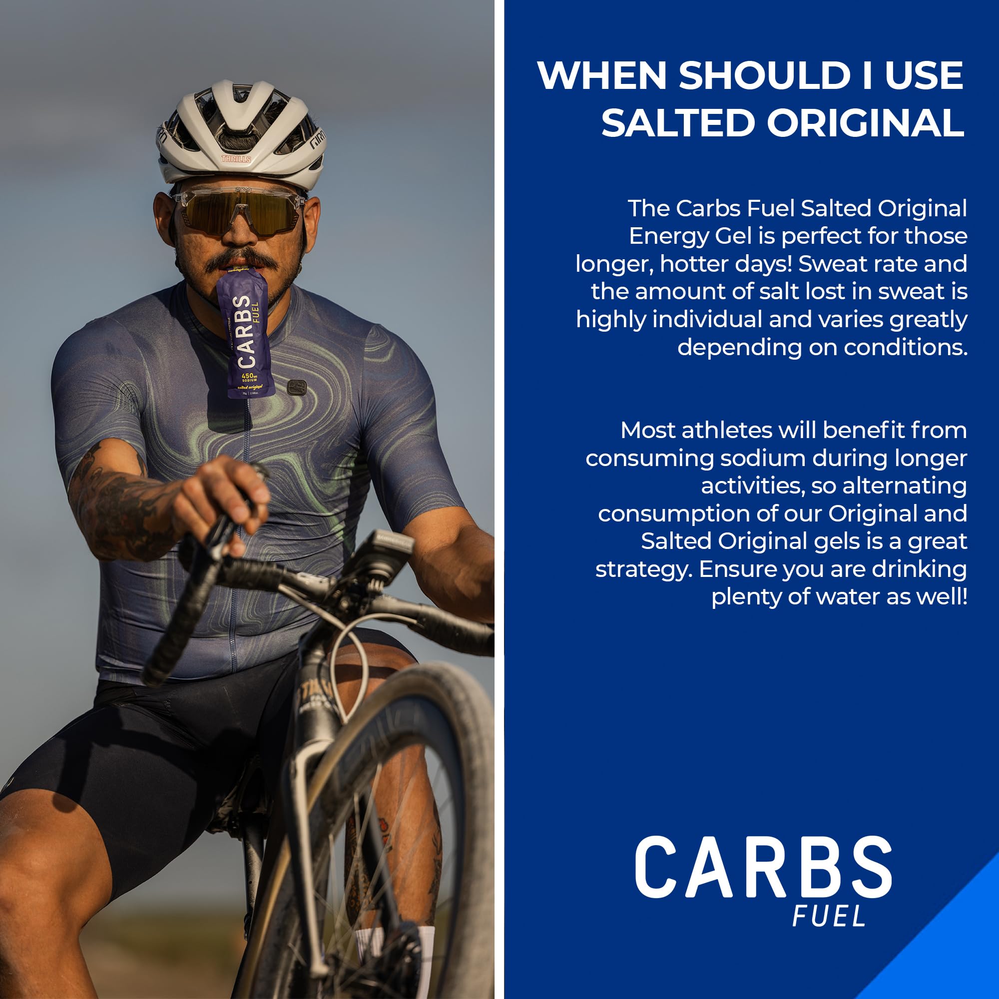 Carbs Fuel Salted Original packaging box highlights 12 gels for endurance fueling.