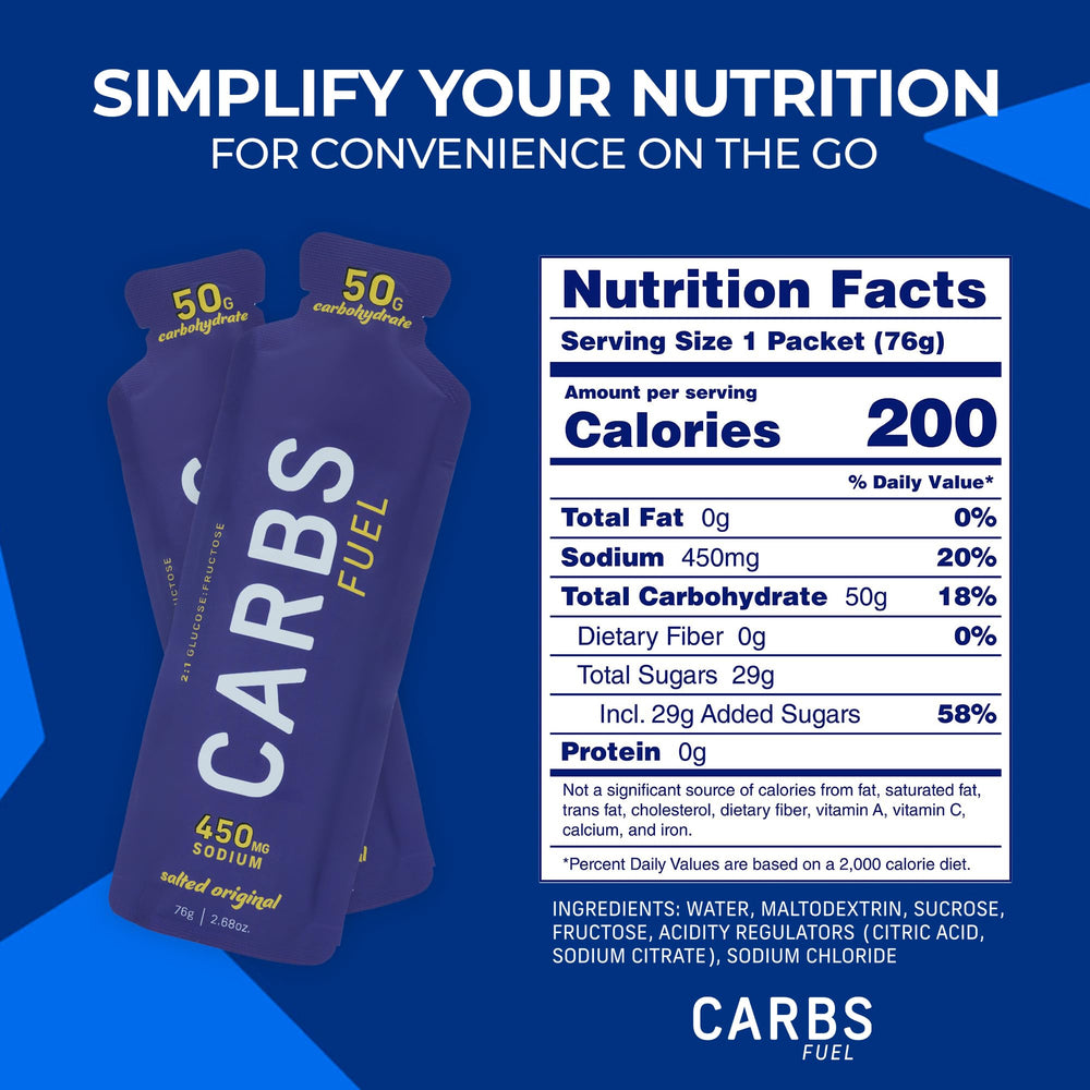 Carbs Fuel Salted Original water-friendly gel paired with hydration for longer efforts.