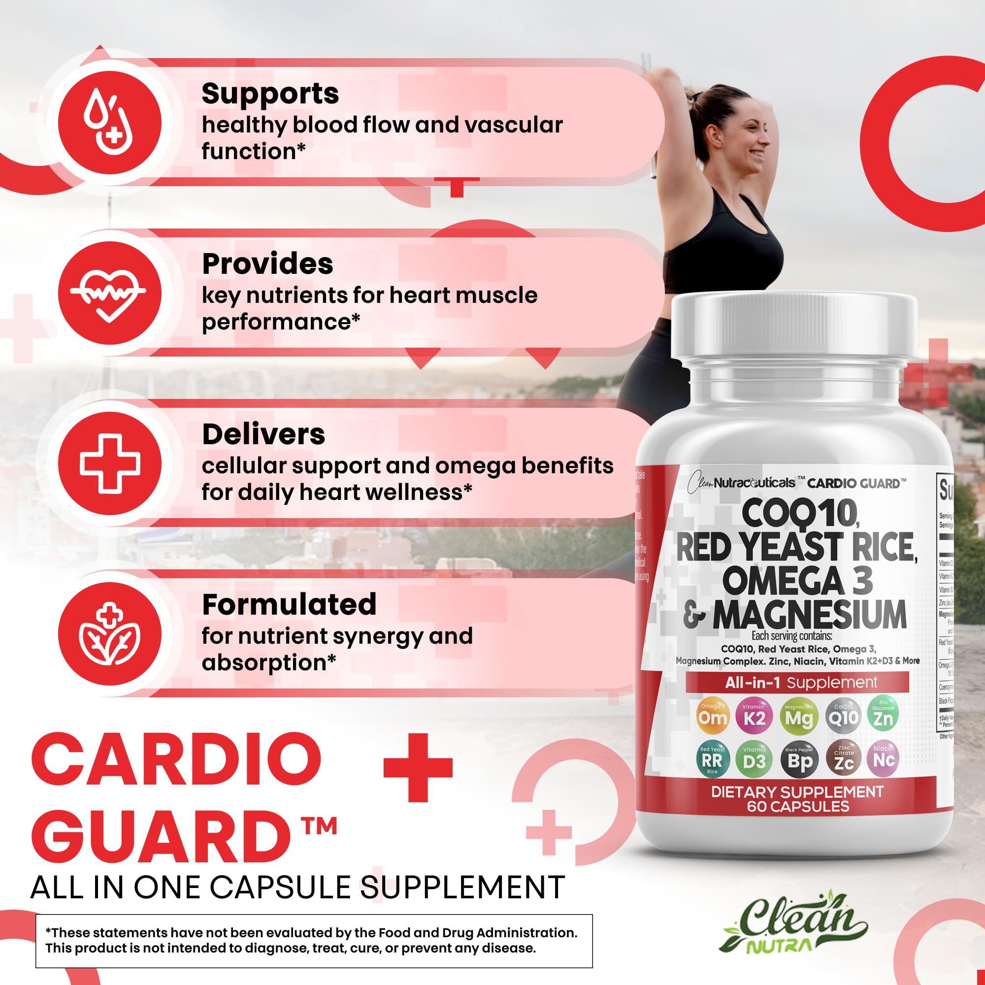 CardioGuard ingredients badge with B3, Zinc, Vitamin K2 and D3
