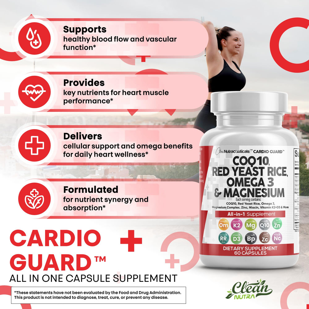 CardioGuard ingredients badge with B3, Zinc, Vitamin K2 and D3