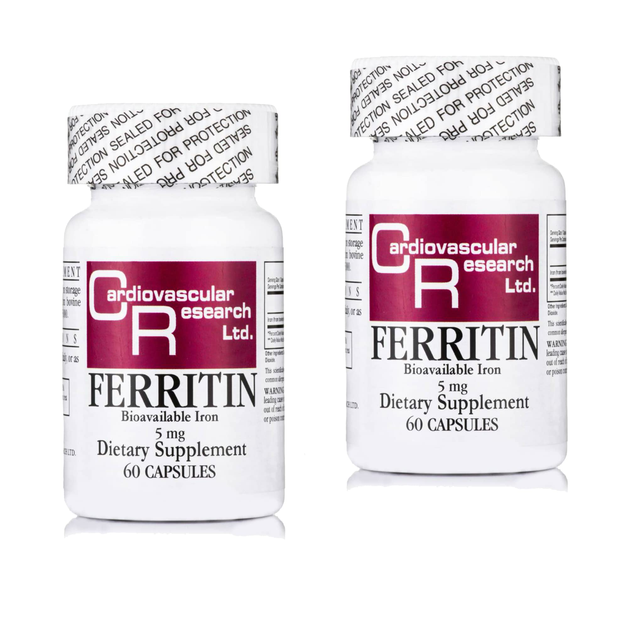 Front view of Cardiovascular Research Ferritin Iron Supplement two-pack bottle (5 mg ferritin, 120 capsules per bottle).