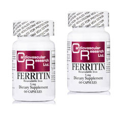 Front view of Cardiovascular Research Ferritin Iron Supplement two-pack bottle (5 mg ferritin, 120 capsules per bottle).