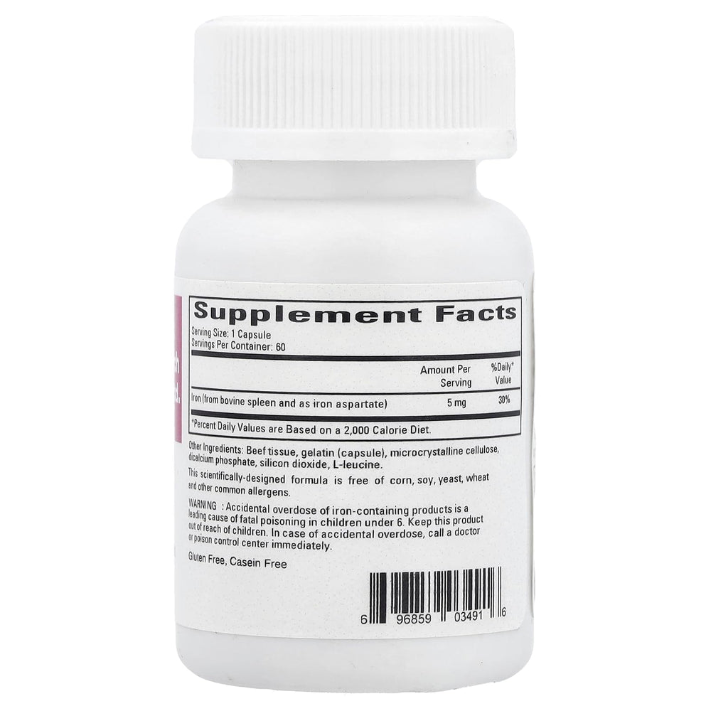 Close-up of bottle label showing 5 mg iron per capsule