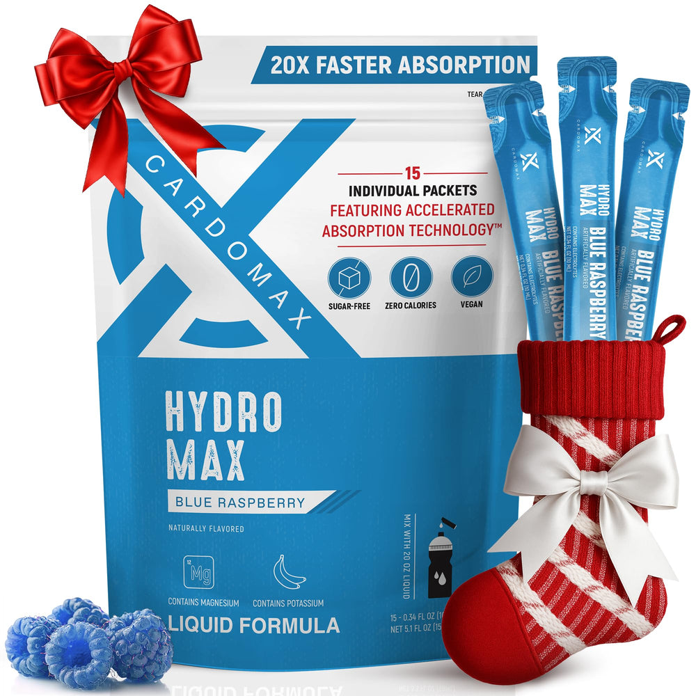 CardoMax Hydromax blue raspberry packets for quick, sugar-free hydration during workouts.
