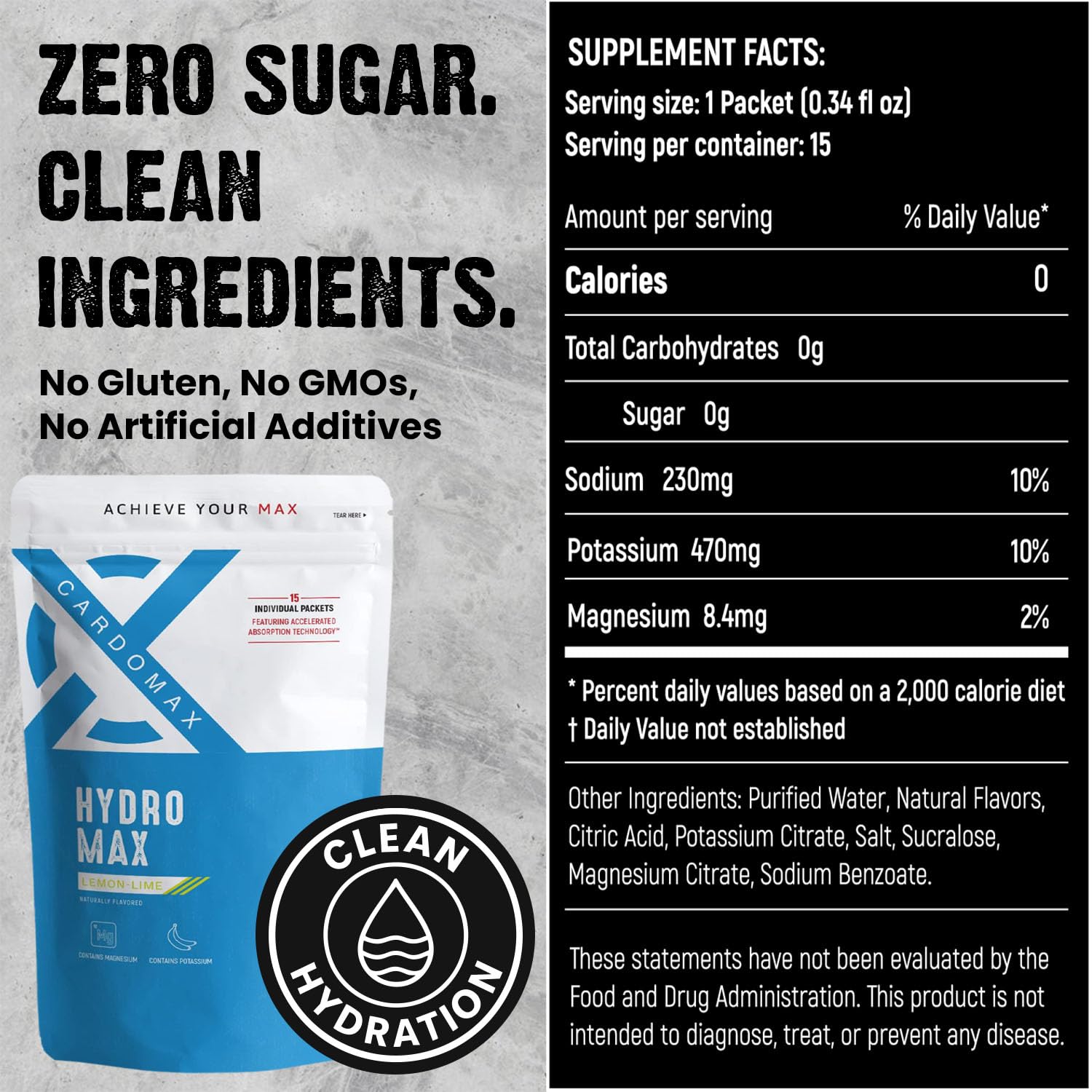 CardoMax Hydromax Lemon Lime ingredient panel highlights potassium and magnesium benefits.