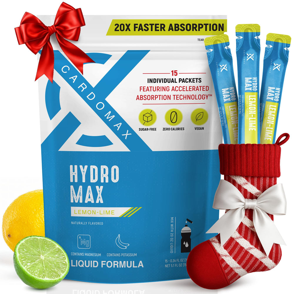 CardoMax Hydromax Lemon Lime packet front for quick, sugar-free hydration during workouts.