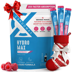 CardoMax Hydromax raspberry packet front for on-the-go hydration with sugar-free electrolytes.