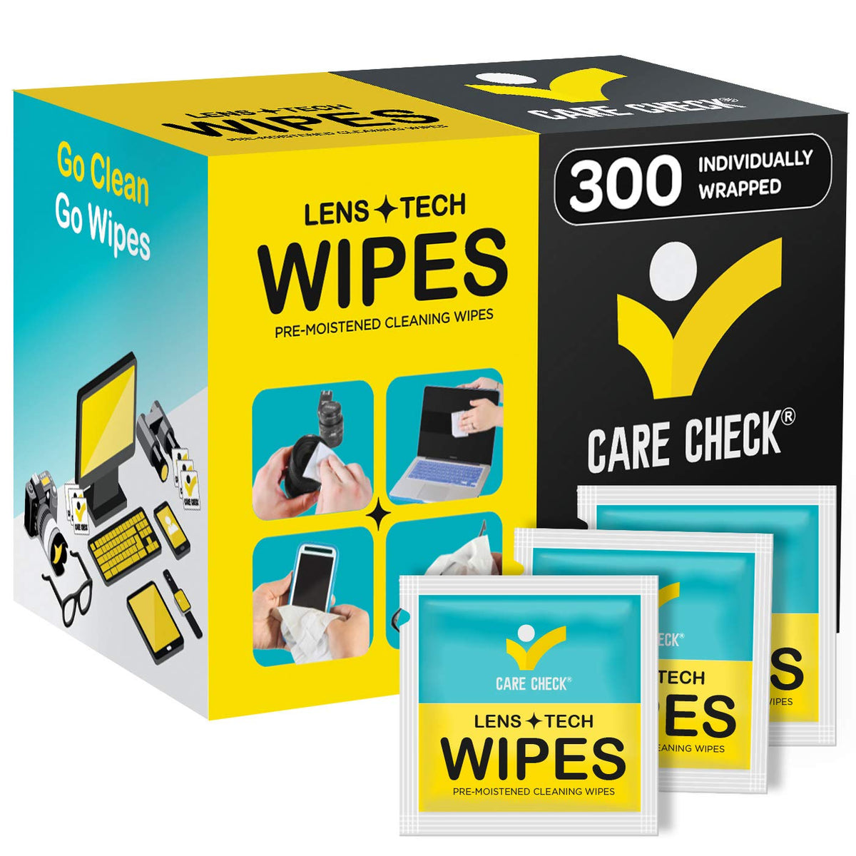 Care Check Lens Wipes product box and canister