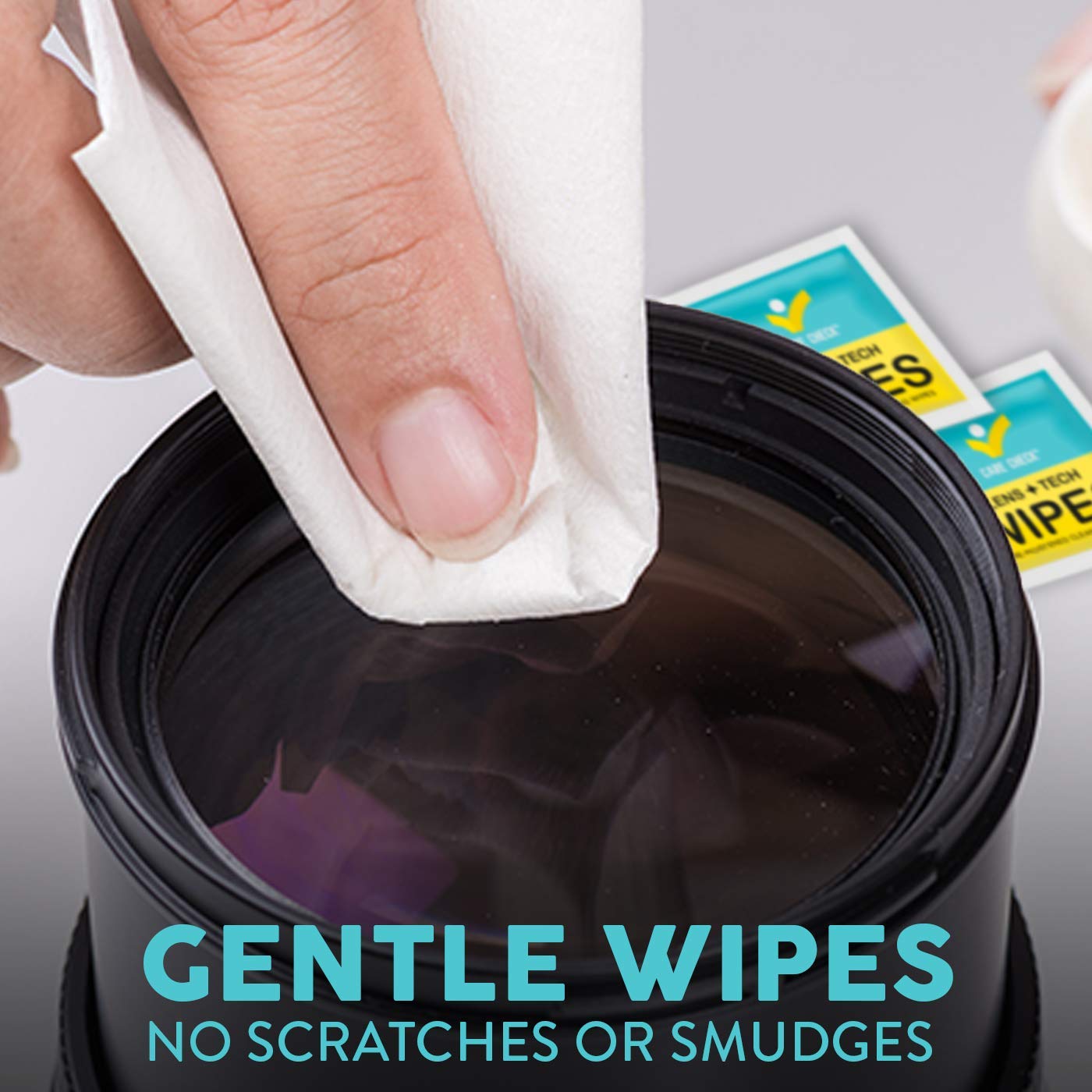 Smartphone and tablet screens being wiped with Care Check Lens Wipes