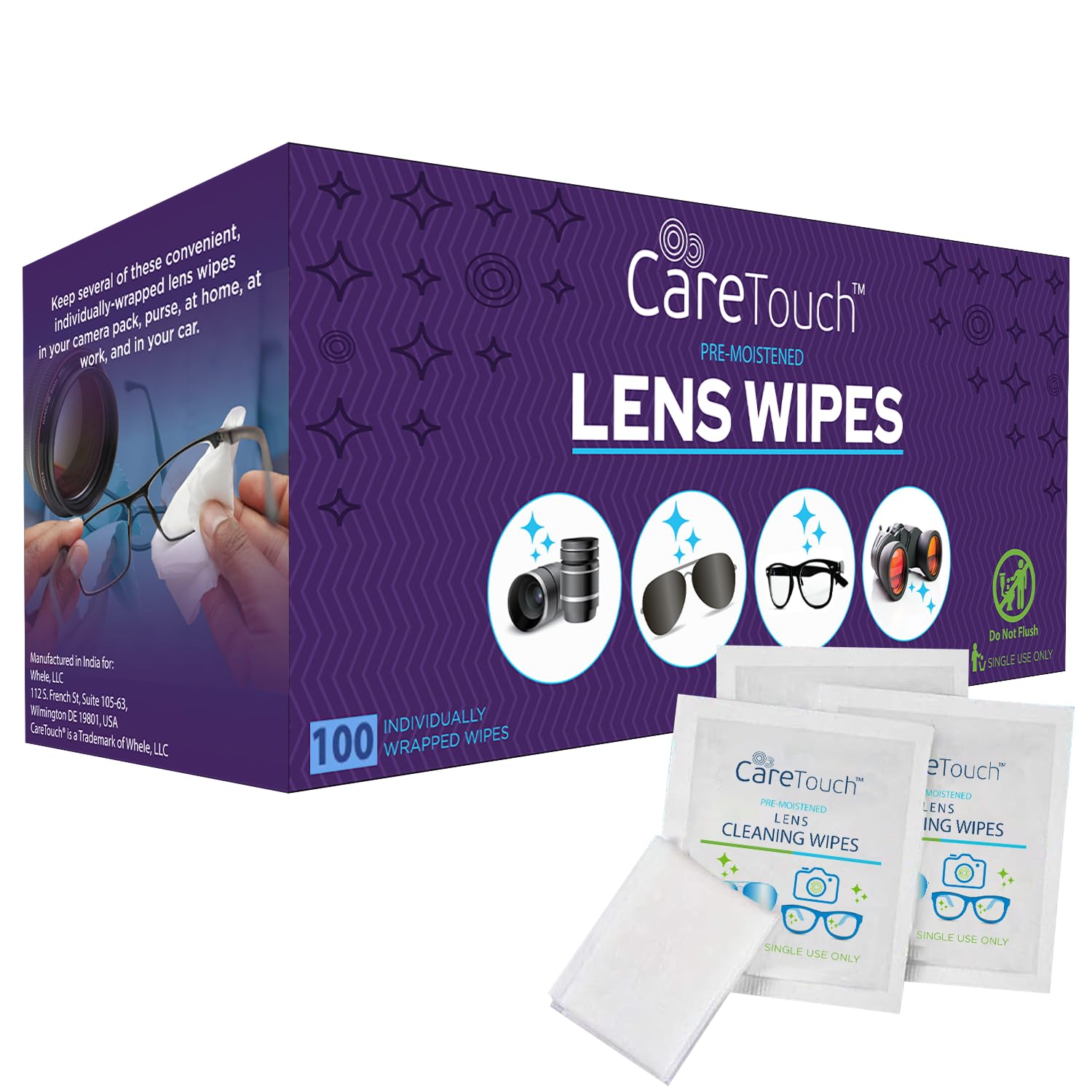 Care Touch lens wipes box with 100 individually wrapped wipes