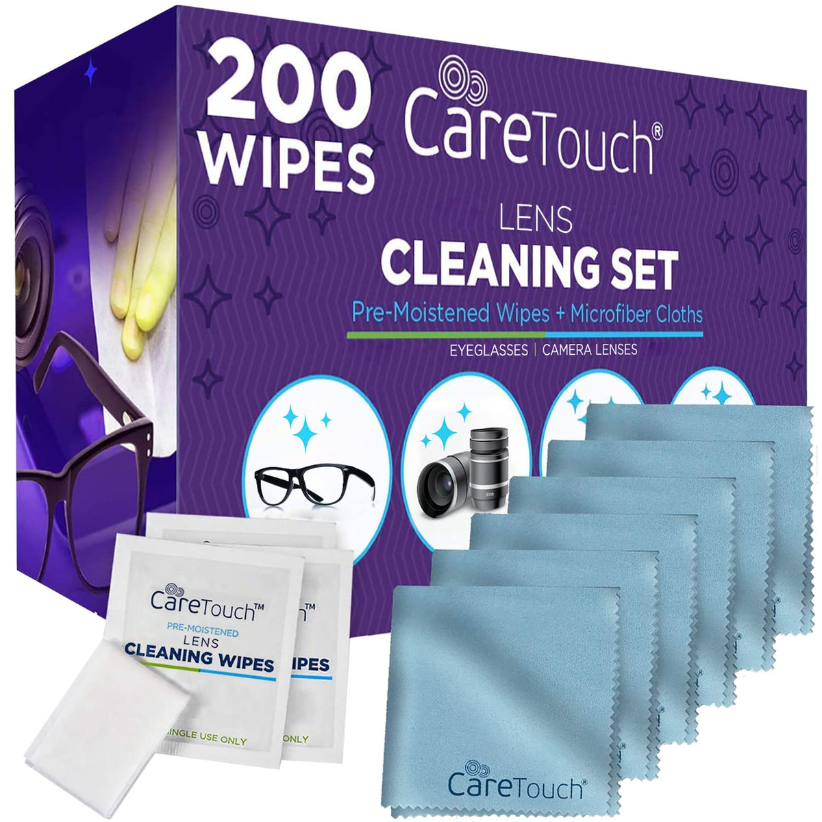Care Touch Lens Cleaning Wipes and premium microfiber cloths