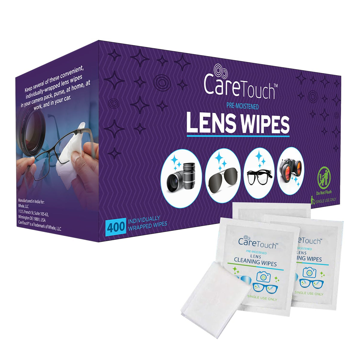 Care Touch lens wipes box containing 400-count packaging