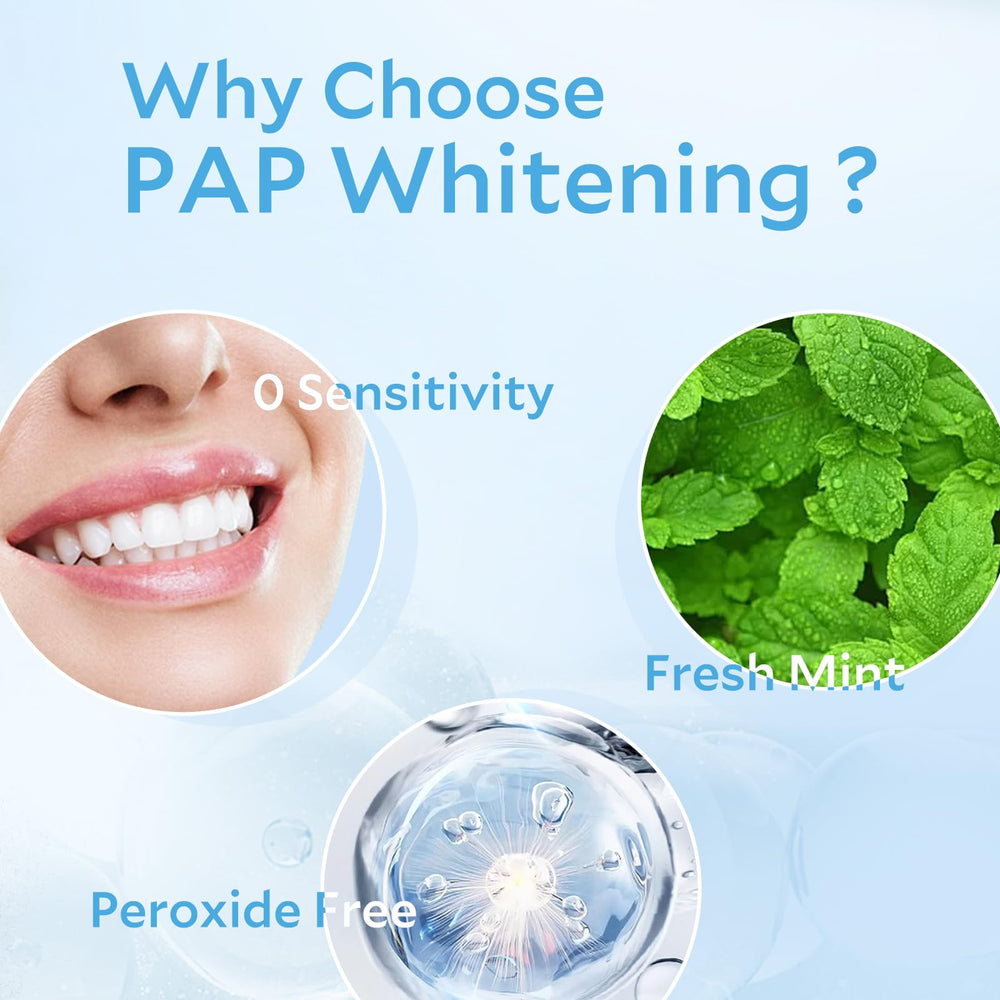 PAP+ whitening strips showcasing peroxide-free formula