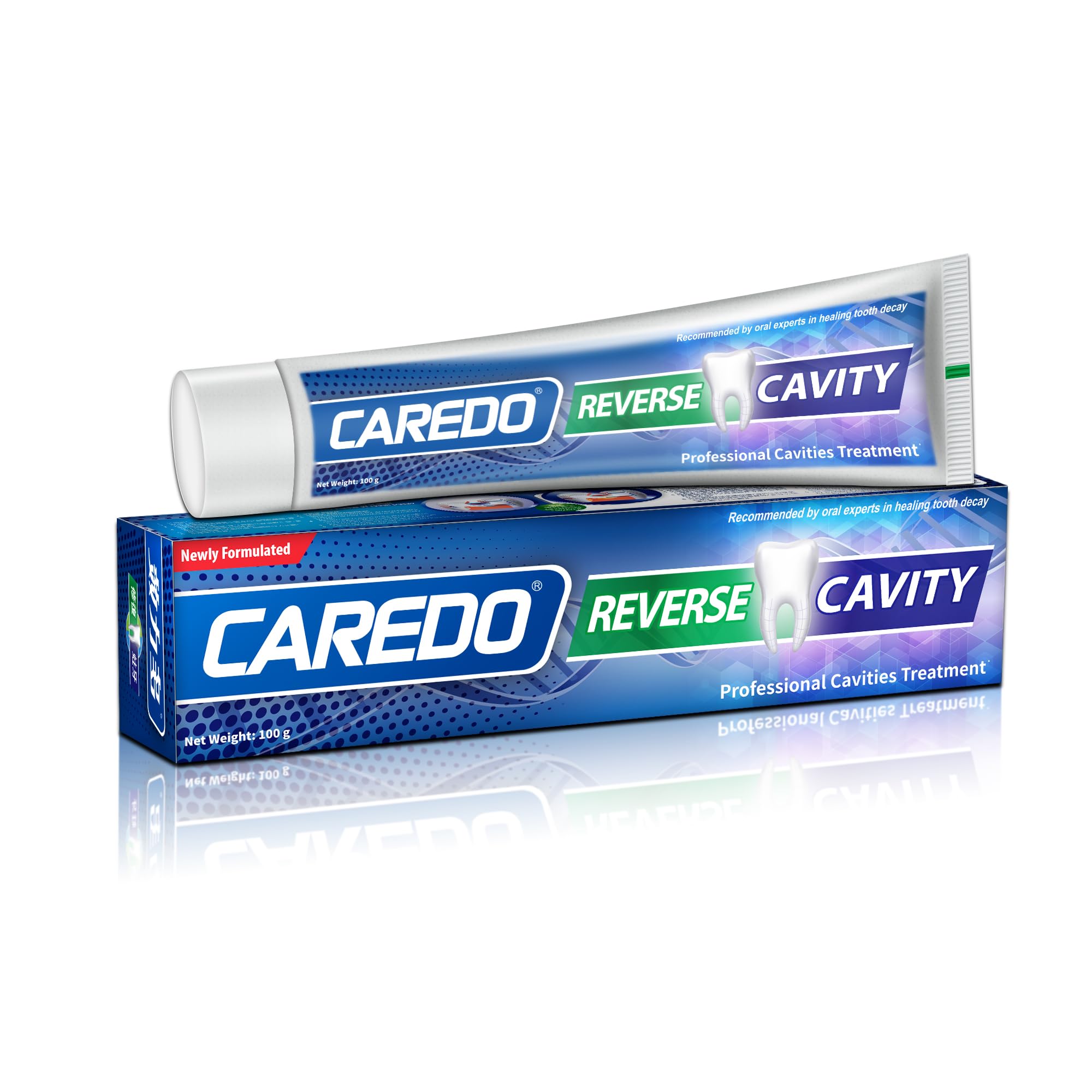 CAREDO cavity repair toothpaste packaging and tube