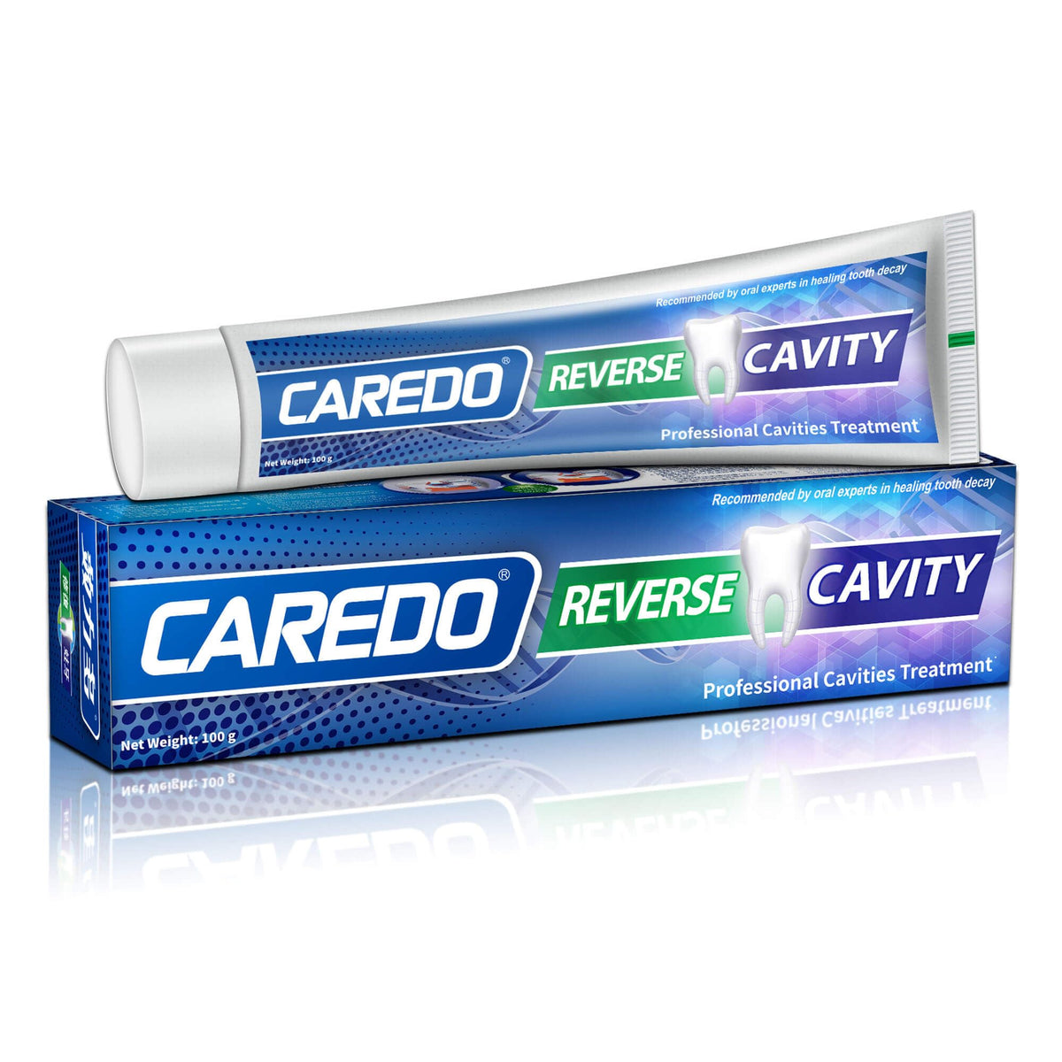 CAREDO Cavity Reversal toothpaste tube and packaging front view