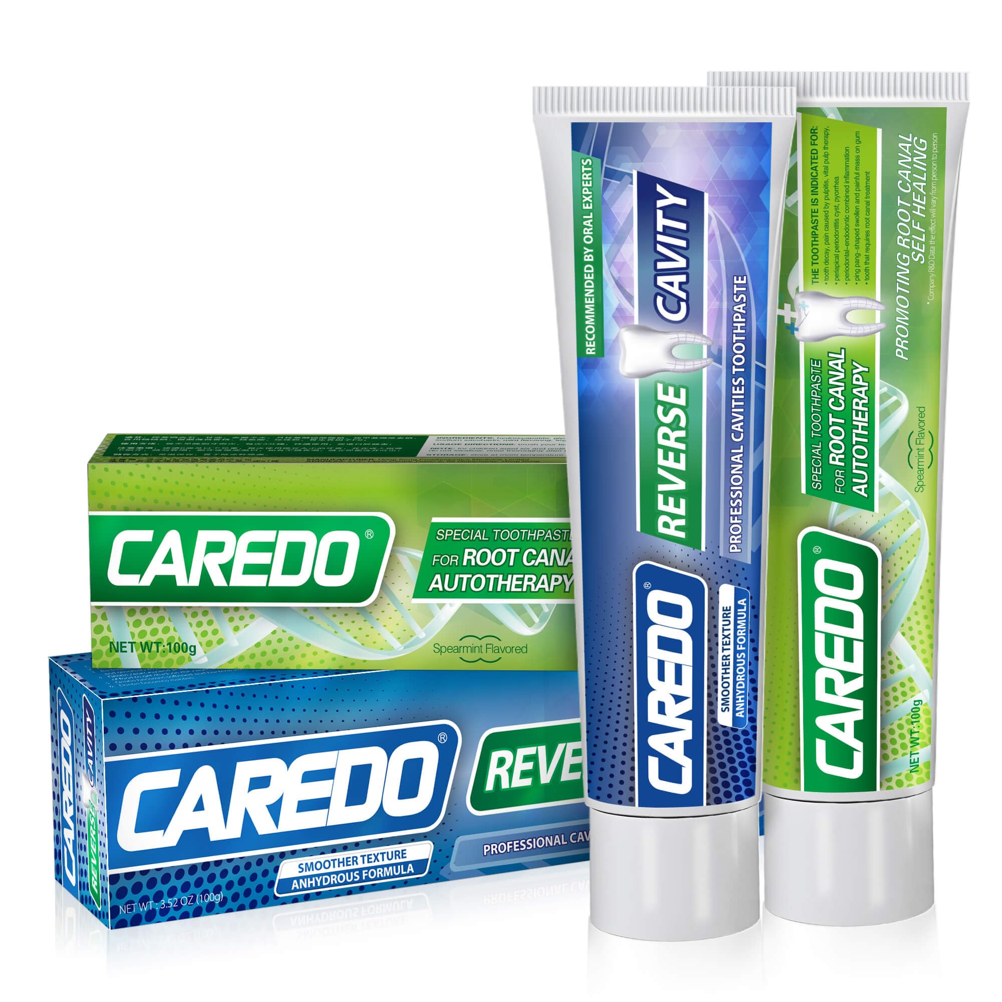 CAREDO Dual Toothpaste Set packaging and front view on white background