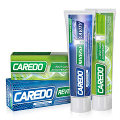 CAREDO Dual Toothpaste Set packaging and front view on white background