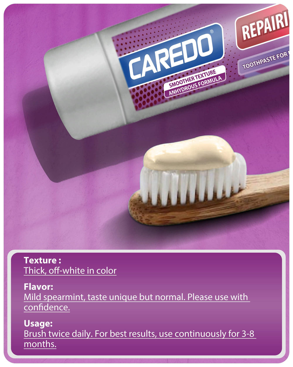 CAREDO toothpaste showing tartar removal and plaque reduction