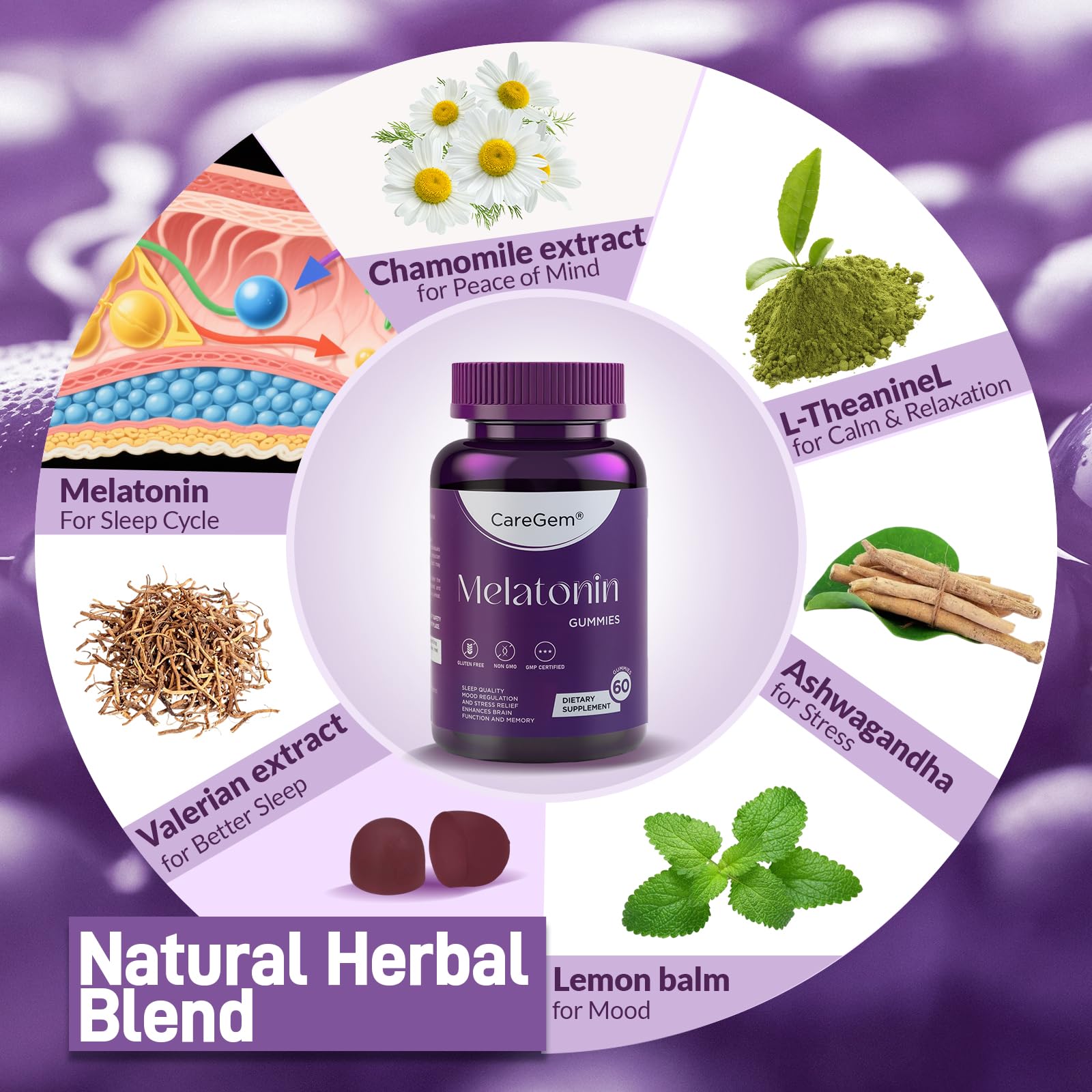 Herbal blend featuring Ashwagandha, Valerian, Chamomile and Lemon Balm