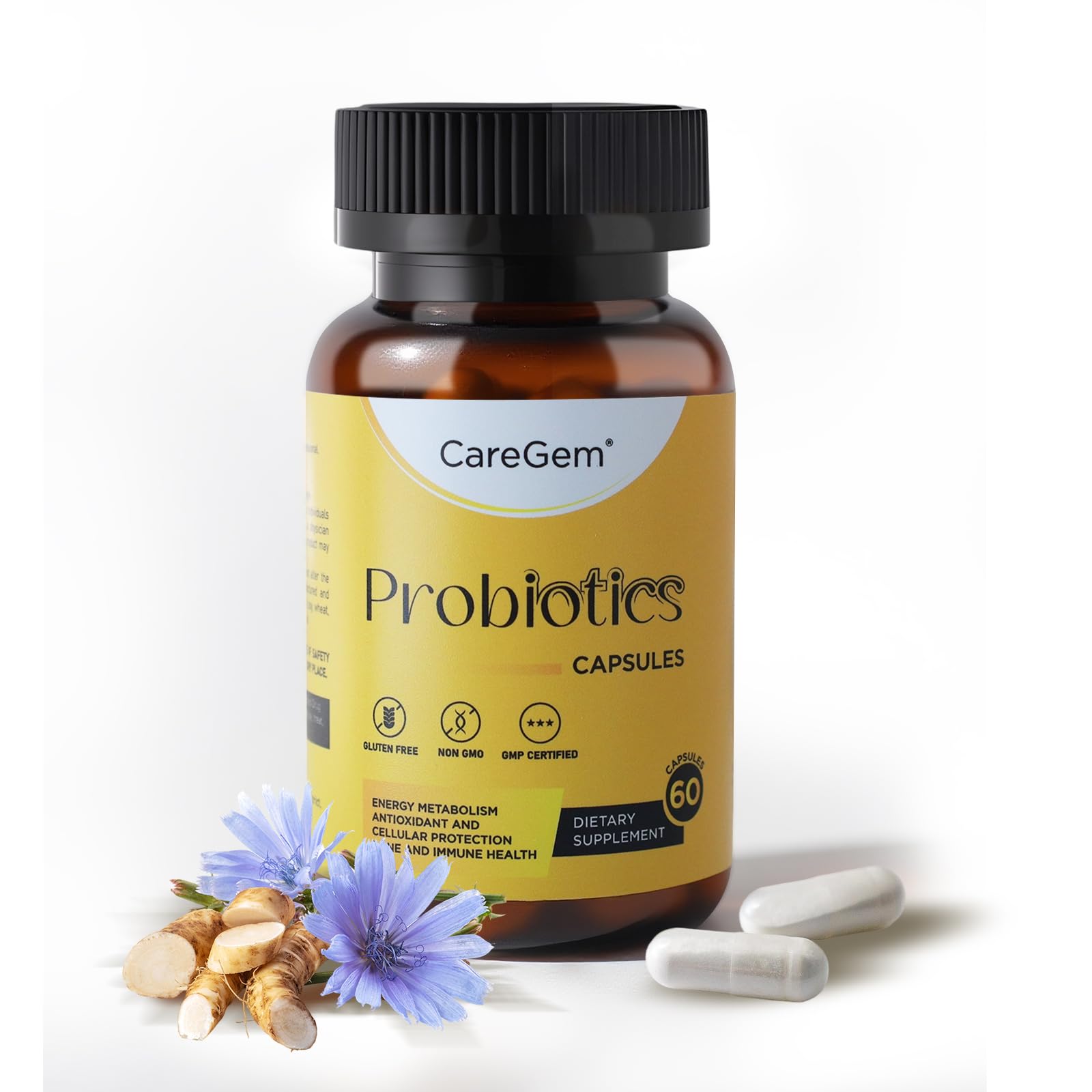 CareGem Probiotic & Prebiotic Capsules bottle showing 60-count, shelf-stable
