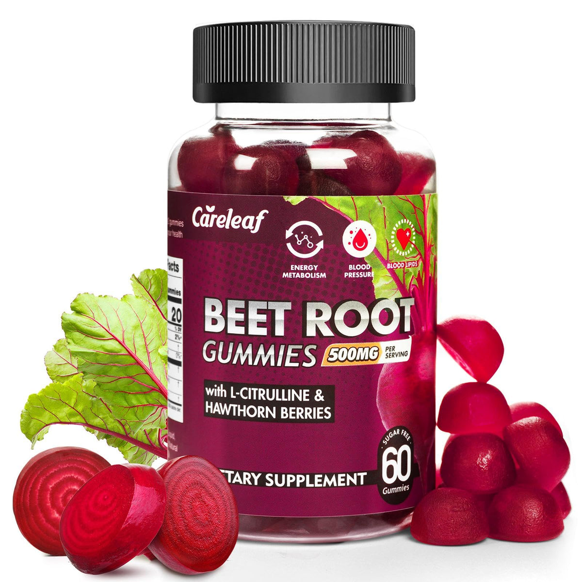 Careleaf Beet Root Gummies bottle label showing 60 count