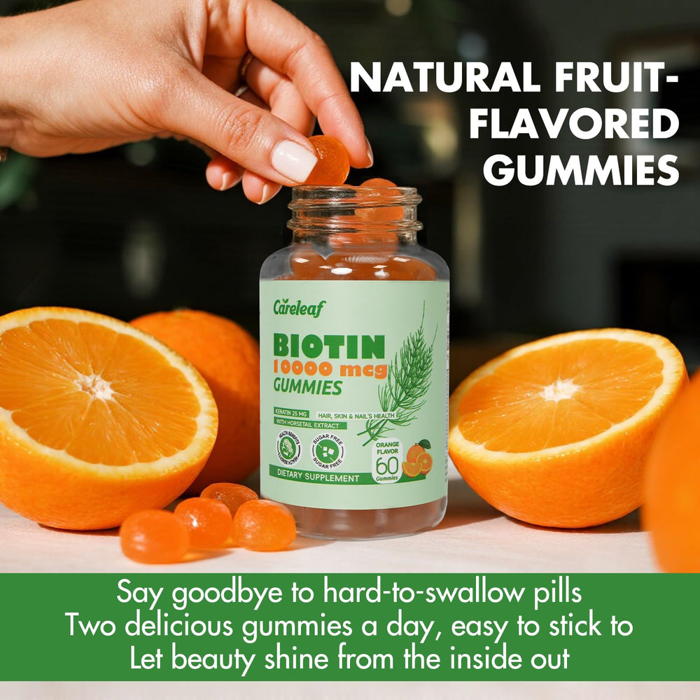 60-count orange-flavored Careleaf Biotin Gummies packaging