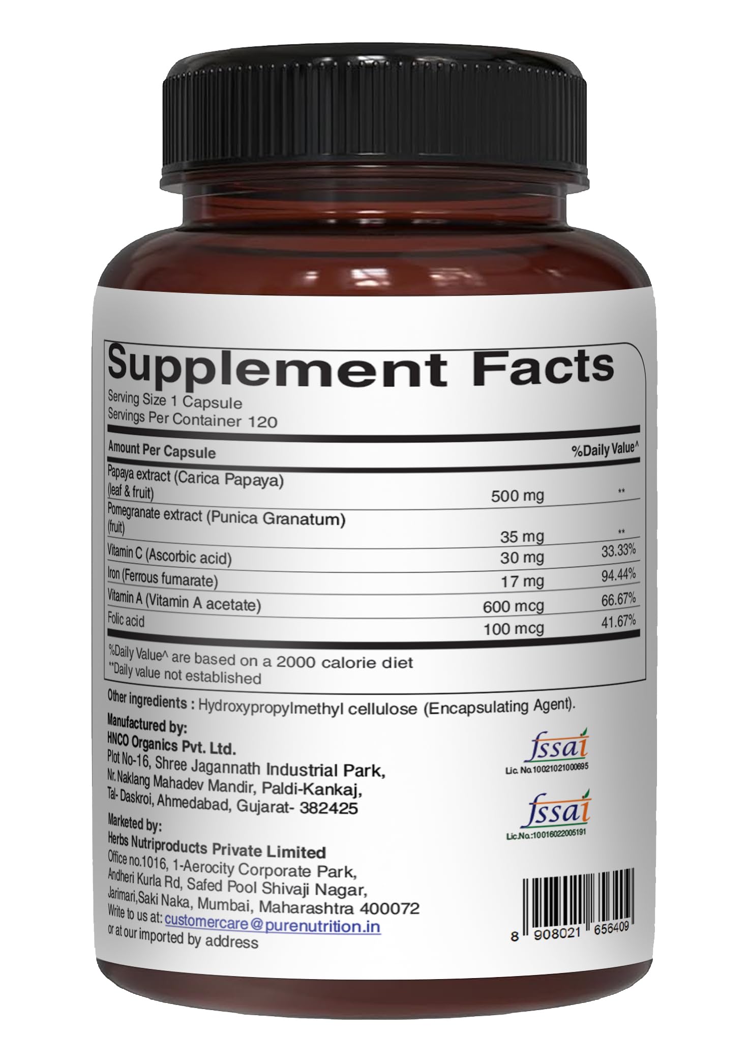 Bottle label highlighting Carica Papaya leaf extract content