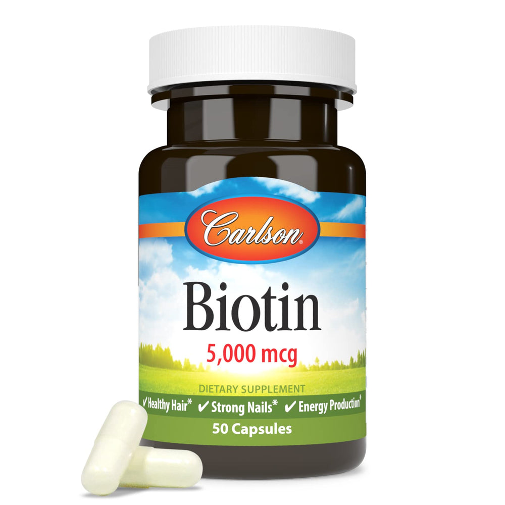 Carlson Biotin 5000 mcg bottle with product label