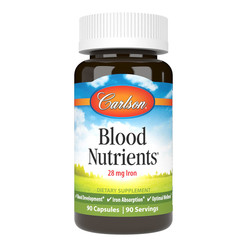 Carlson Blood Nutrients bottle front shows iron-rich capsules for daily support.