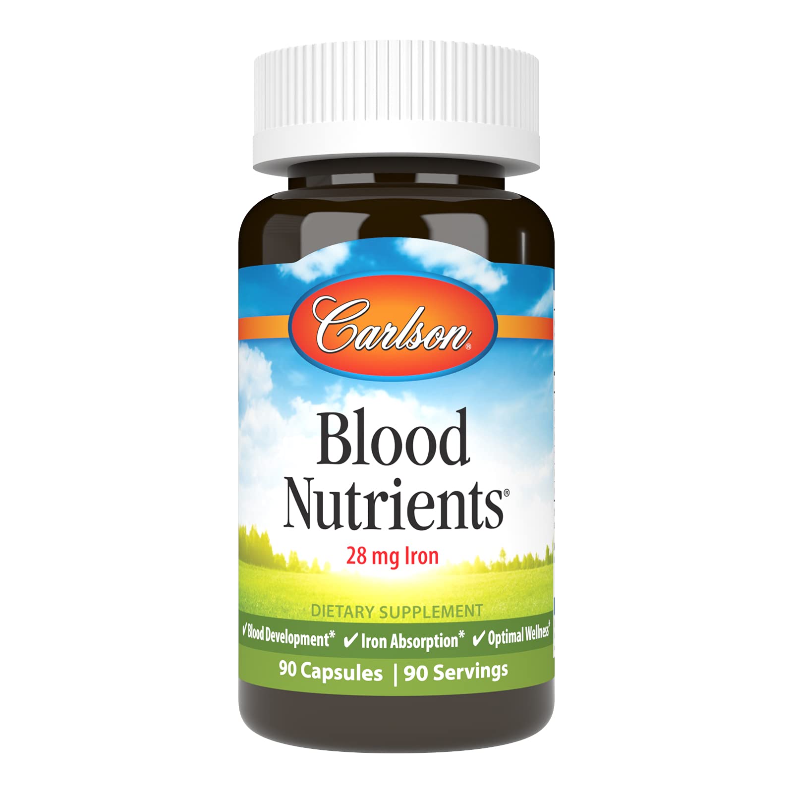 Carlson Blood Nutrients bottle front shows iron-rich capsules for daily support.