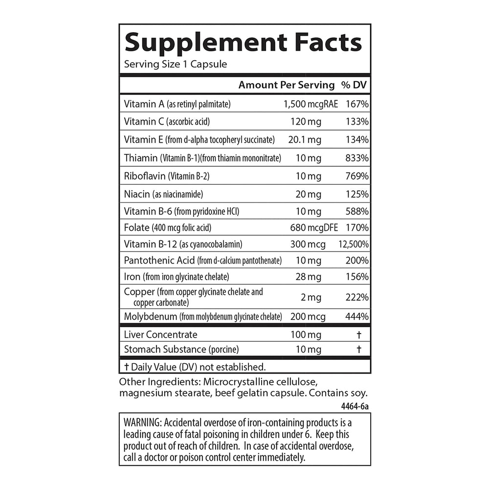 Carlson Blood Nutrients ingredients chart emphasizes vitamins, minerals, and hemoglobin.