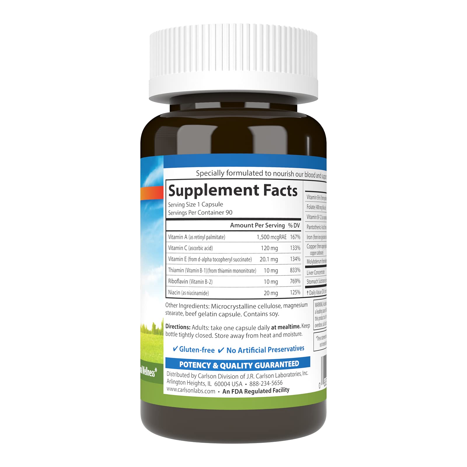 Carlson Blood Nutrients label closeup highlights iron and hemoglobin blend.