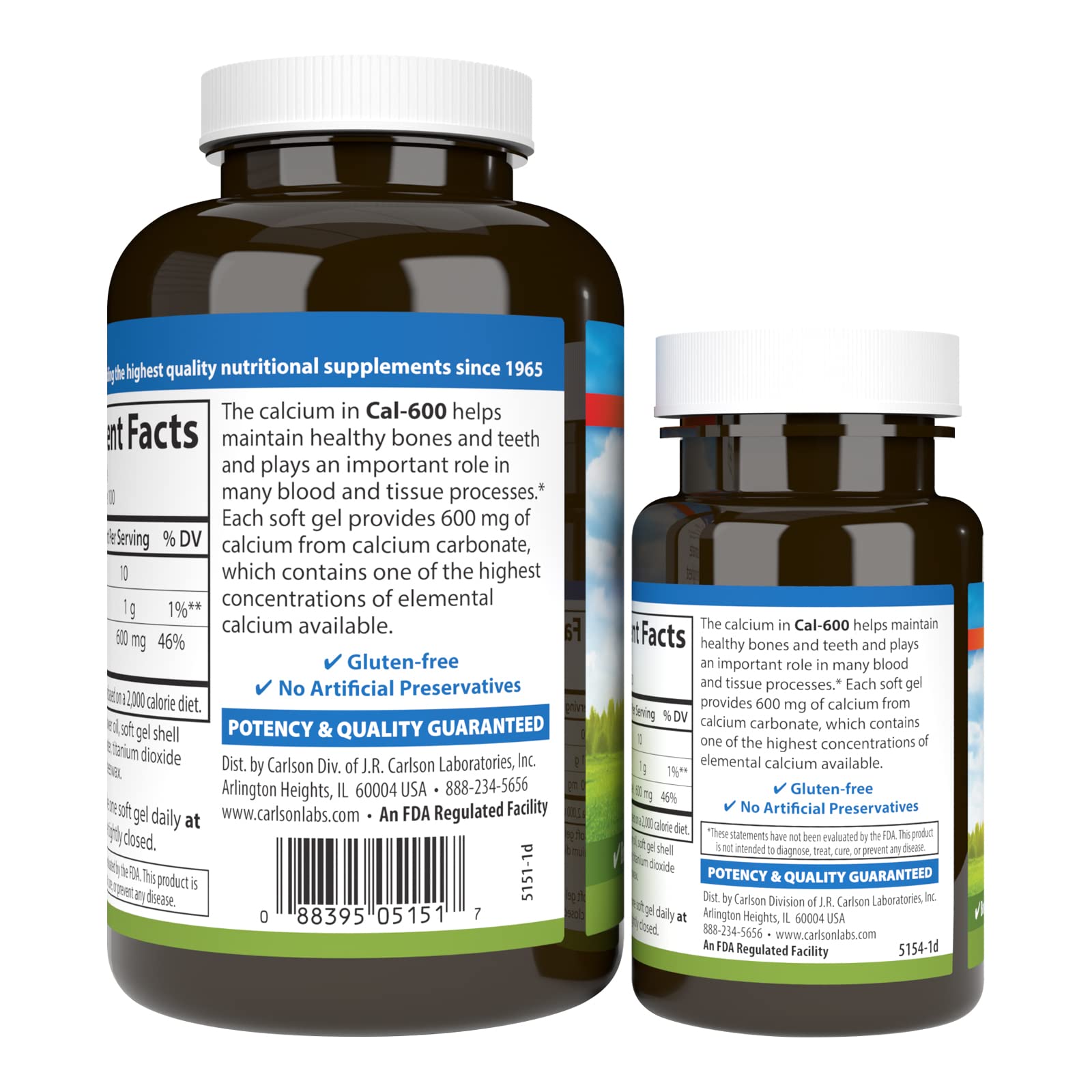 Carlson Cal-600 bottle on a shelf showcases convenient daily calcium supplementation.
